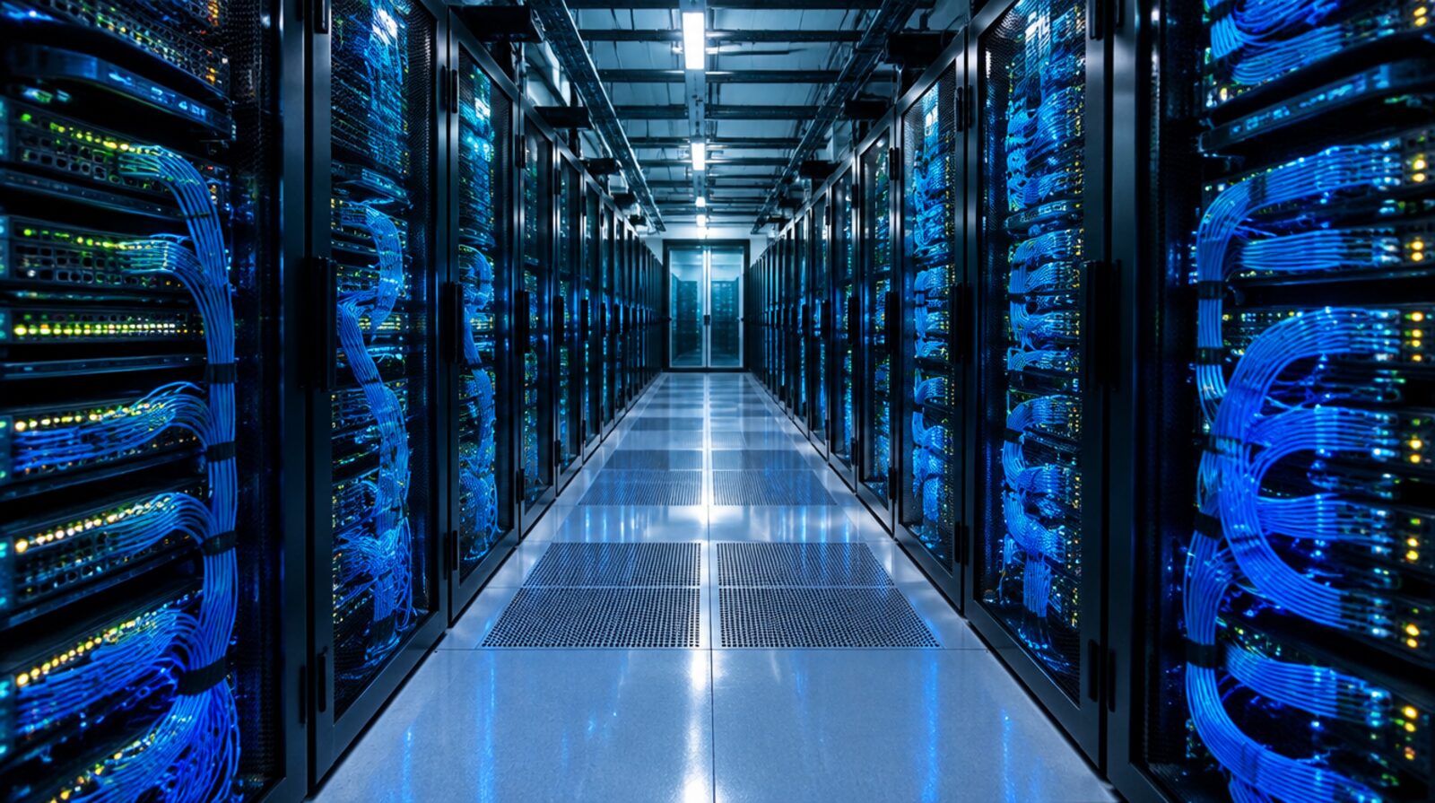 Serverová miestnosť dátového centra s preťaženými sieťovými káblami