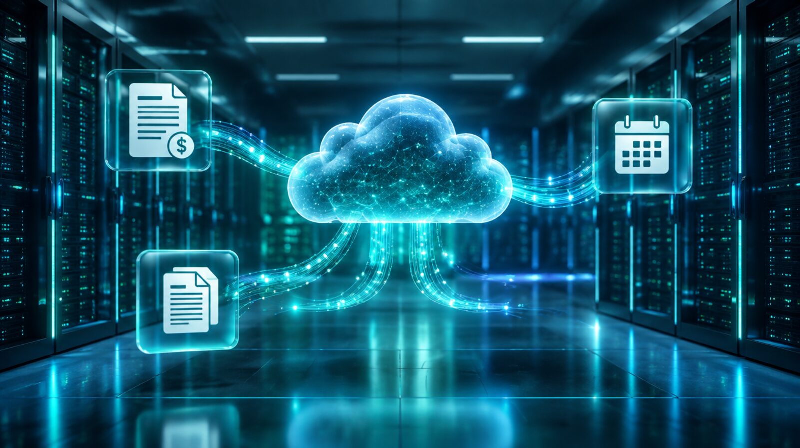 Ilustrácia cloudového AI agenta spracúvajúceho faktúry a dokumenty na pozadí