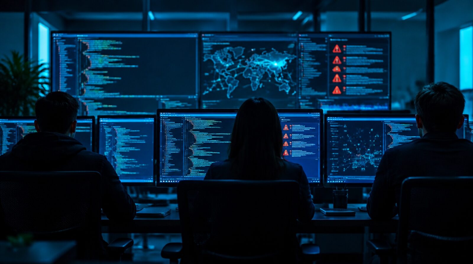 Tím programátorov analyzuje riadky zdrojového kódu na viacerých monitoroch v tmavej kancelárii
