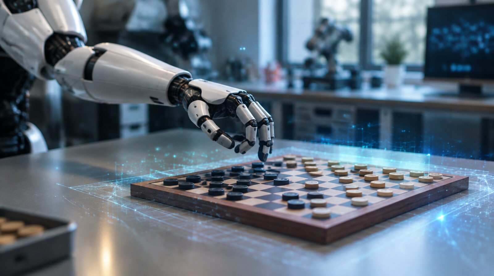 Robotická ruka pri hre dáma v laboratóriu, simulácia robotickej úlohy pomocou svetového modelu