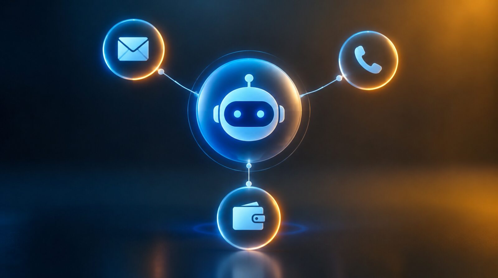 Ilustrácia AI agenta s prepojením na email, telefón a digitálnu peňaženku