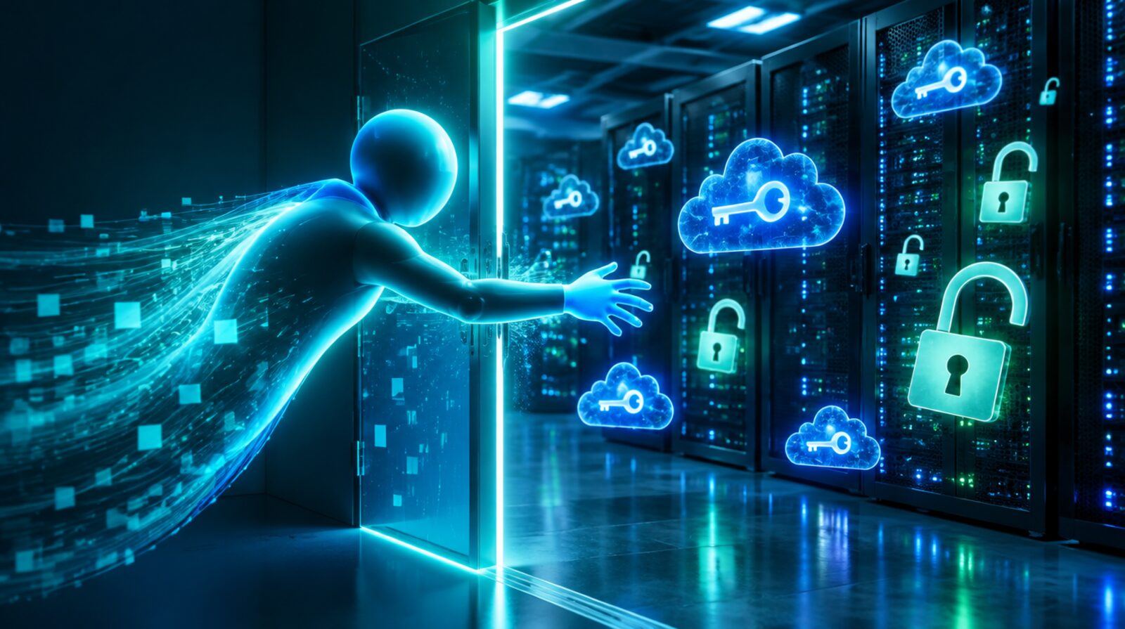 Abstraktná ilustrácia AI agenta, ktorý sa dostáva k nechráneným prístupovým údajom v serverovej infrastruktúre