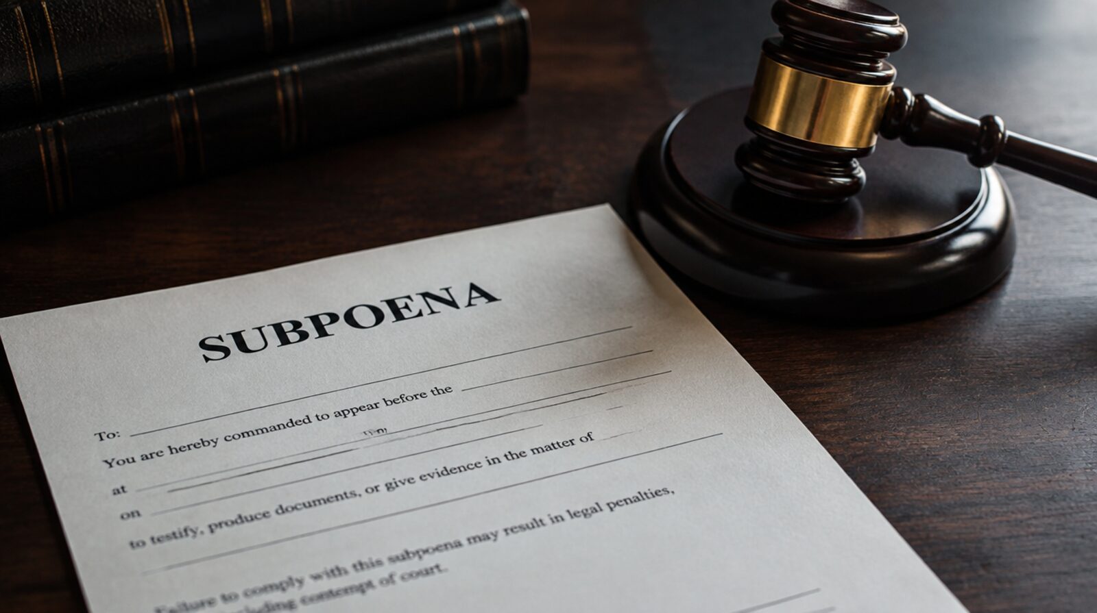 Súdne predvolanie a sudcovské kladivo na stole, symbol vymáhania zákona