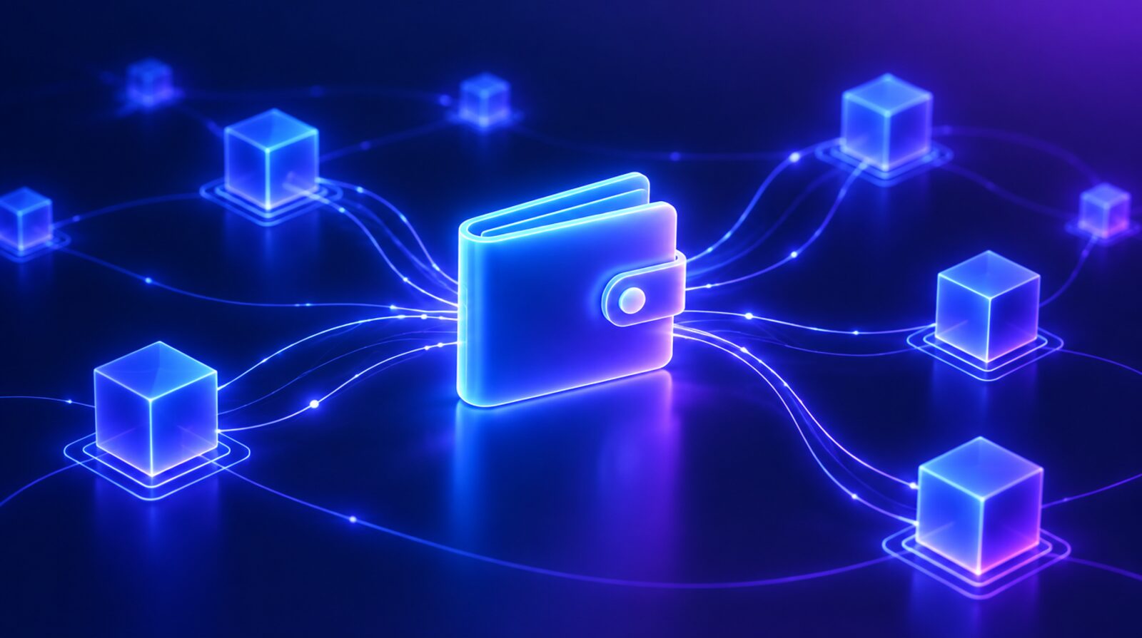 Abstraktná ilustrácia digitálnej kryptomenovej peňaženky pripojenej k sieti blockchainu