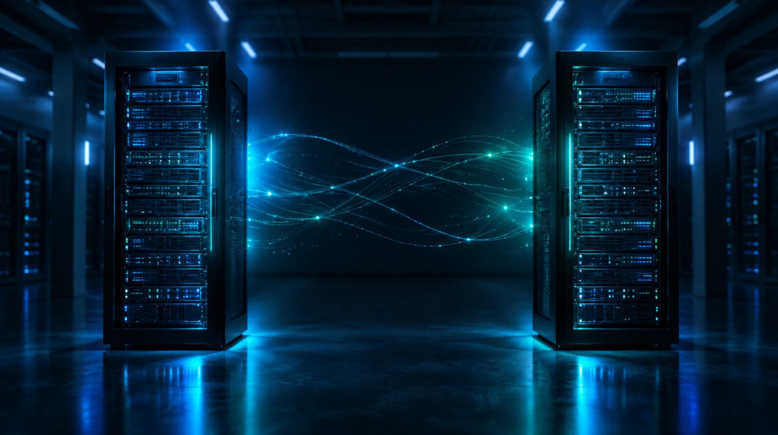 Dva izolované serverové stojany v dátovom centre spojené len náznakom skrytého signálu