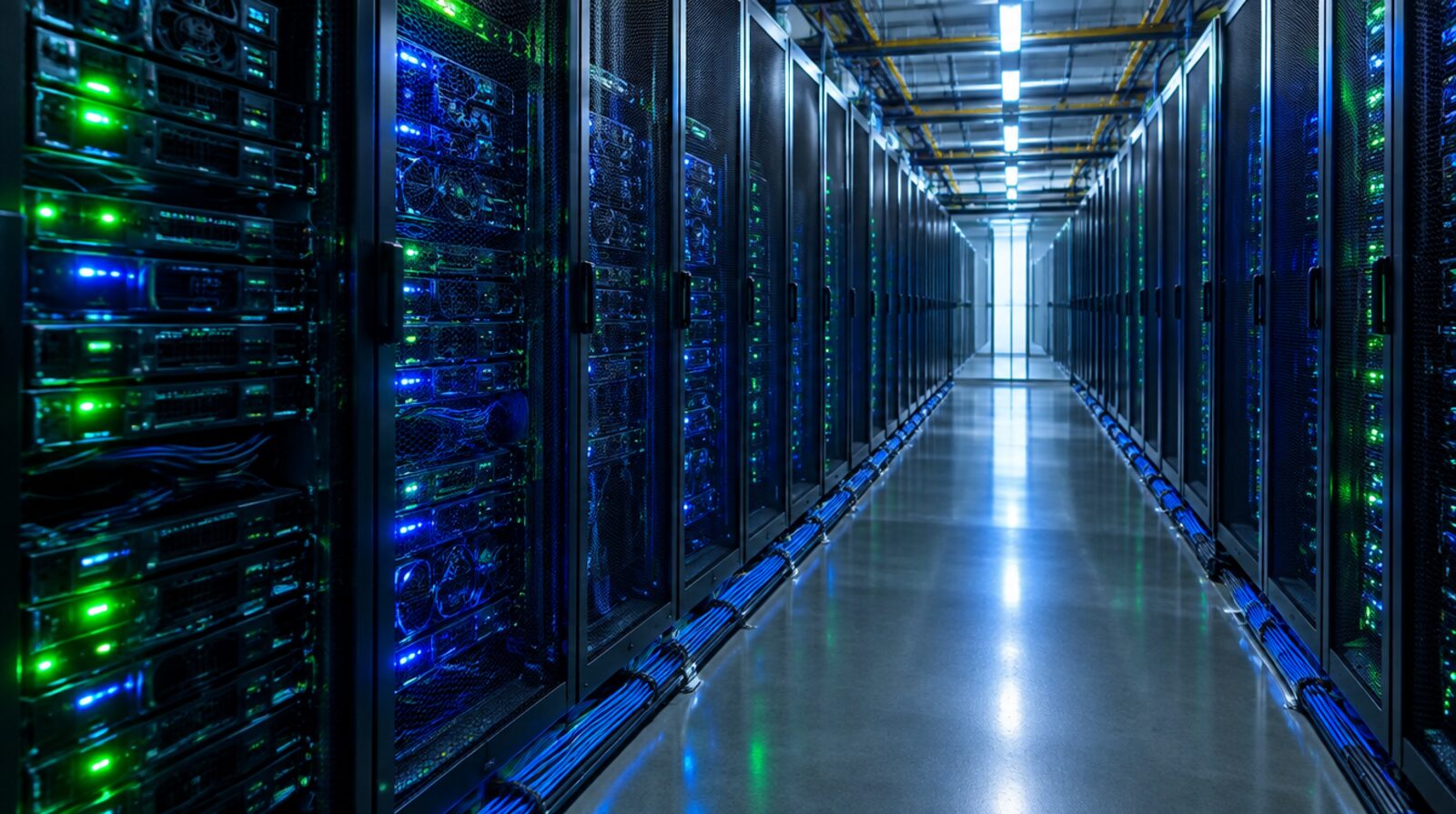 Rady serverov s grafickými kartami v dátovom centre počas trénovania AI modelu